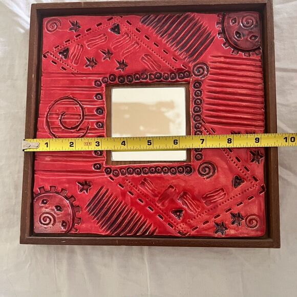 Ceramic Red Framed Mirror Hand Made 9.5 X 9.5 Stars Circles Sun - Picture 6 of 8